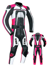 Women's leather motorcycle suit in pink and white with protective features, ideal for fitness and boxing enthusiasts.